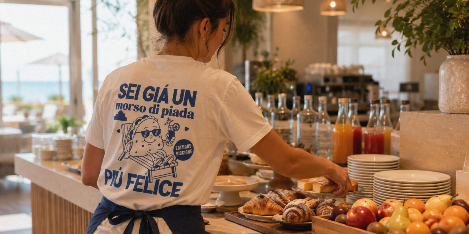 Woman wearing the Arlecchino Hotel branded t-shirt during hotel breakfast service