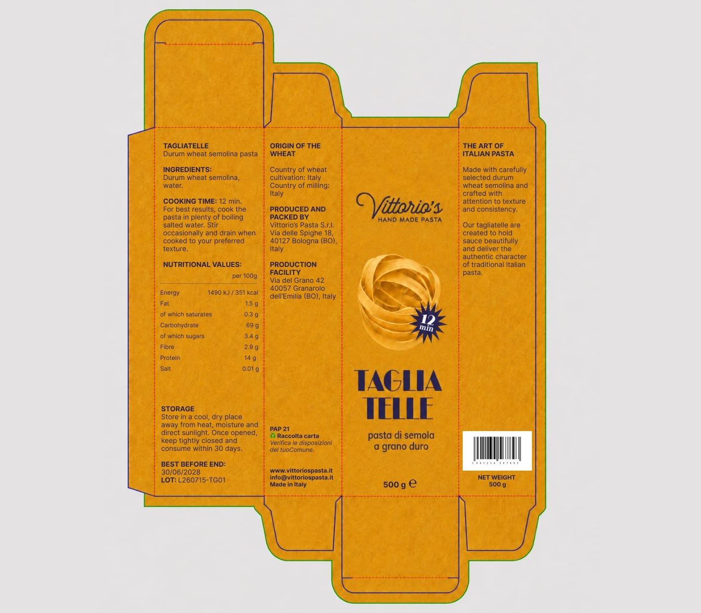Vittorio's Pasta packaging dielines and production-ready layout