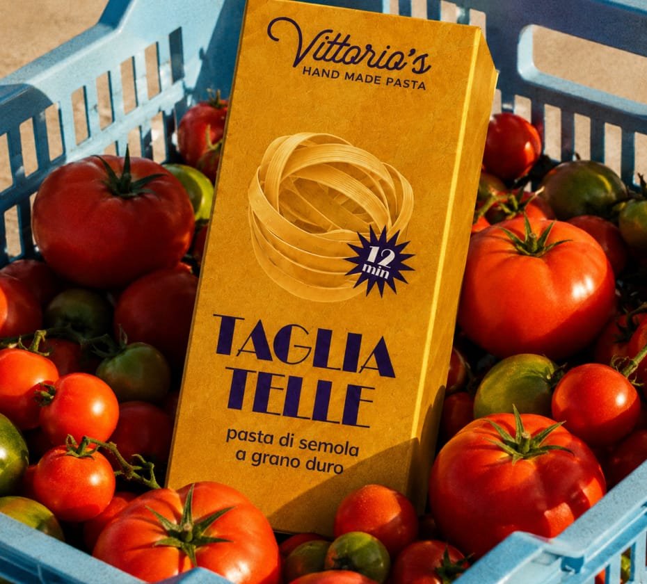 Vittorio's Pasta logo on pasta background