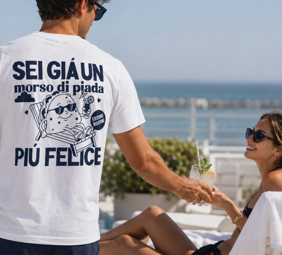 Woman wearing the blue Arlecchino Hotel t-shirt print while serving breakfast at the hotel buffet