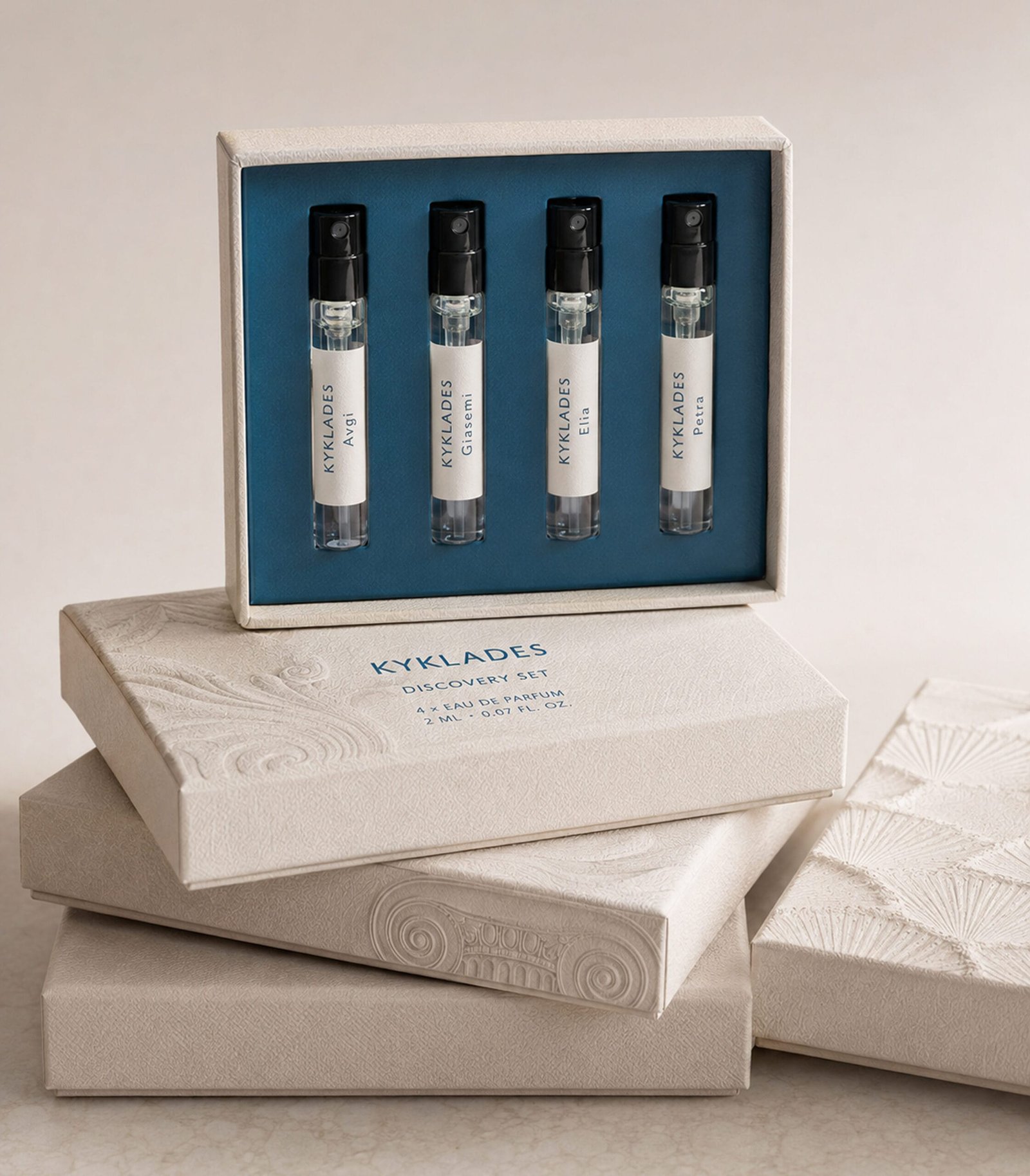KYKLADES Discovery Set with four perfume samples and blue interior