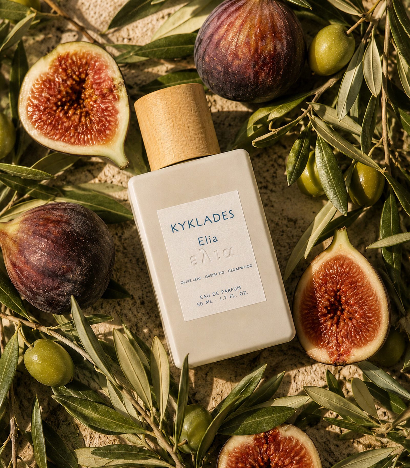 KYKLADES Elia perfume surrounded by figs, olive leaves and olives