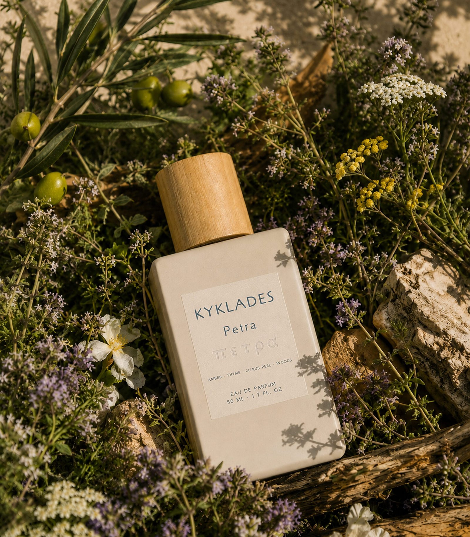 KYKLADES Petra perfume surrounded by thyme, Mediterranean herbs and natural wood
