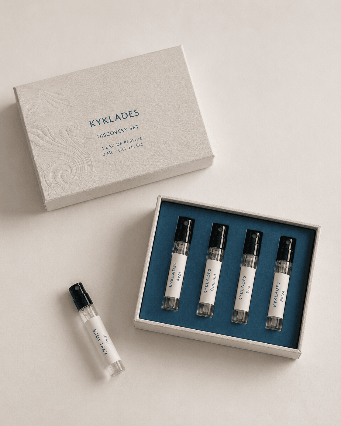 KYKLADES Discovery Set samples with stacked embossed boxes
