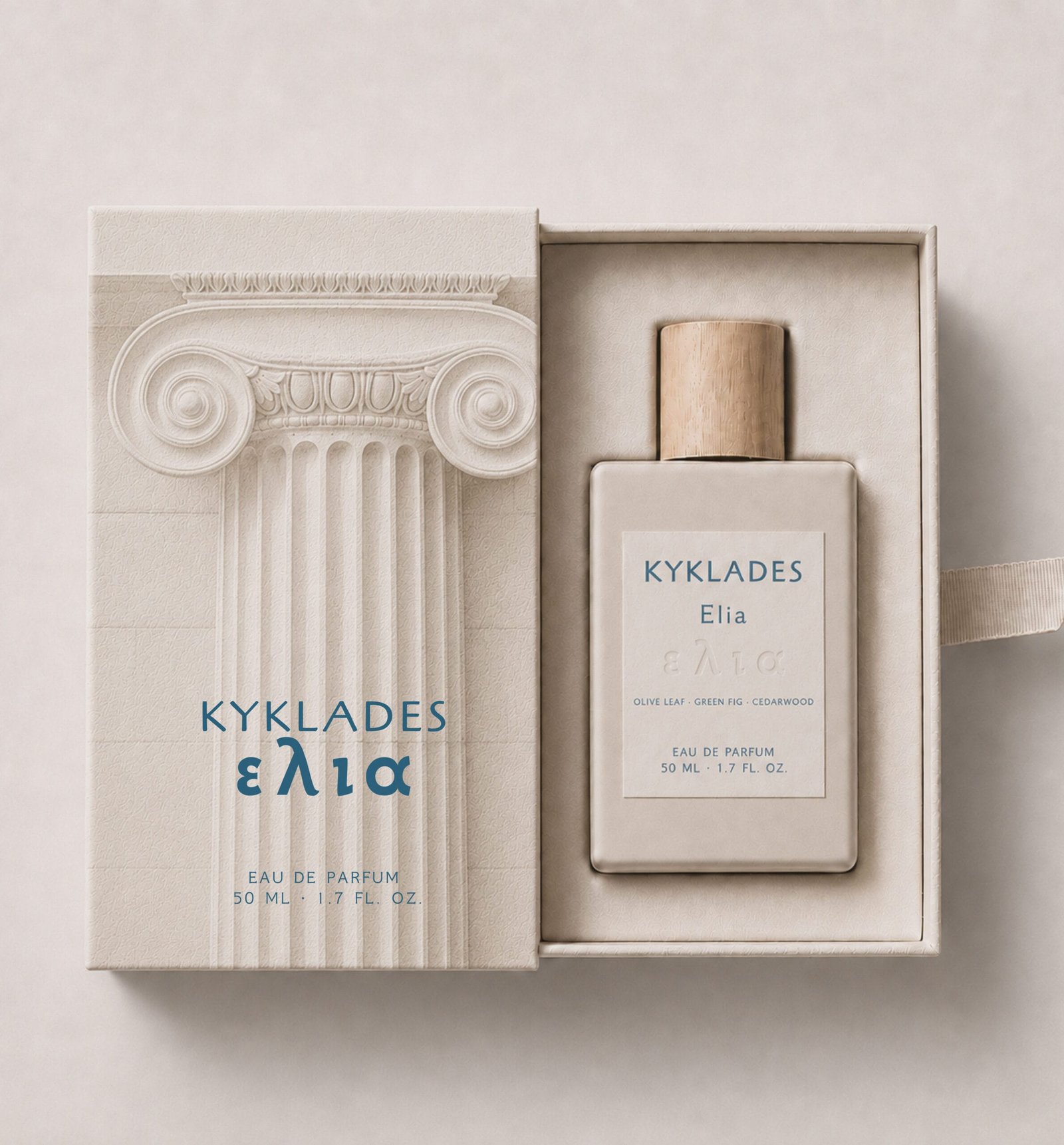 KYKLADES Elia perfume packaging with Ionic column relief