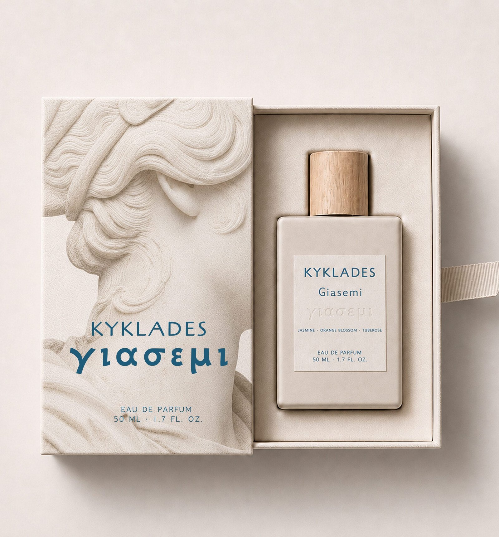 KYKLADES Giasemi perfume packaging with sculptural Greek-inspired relief